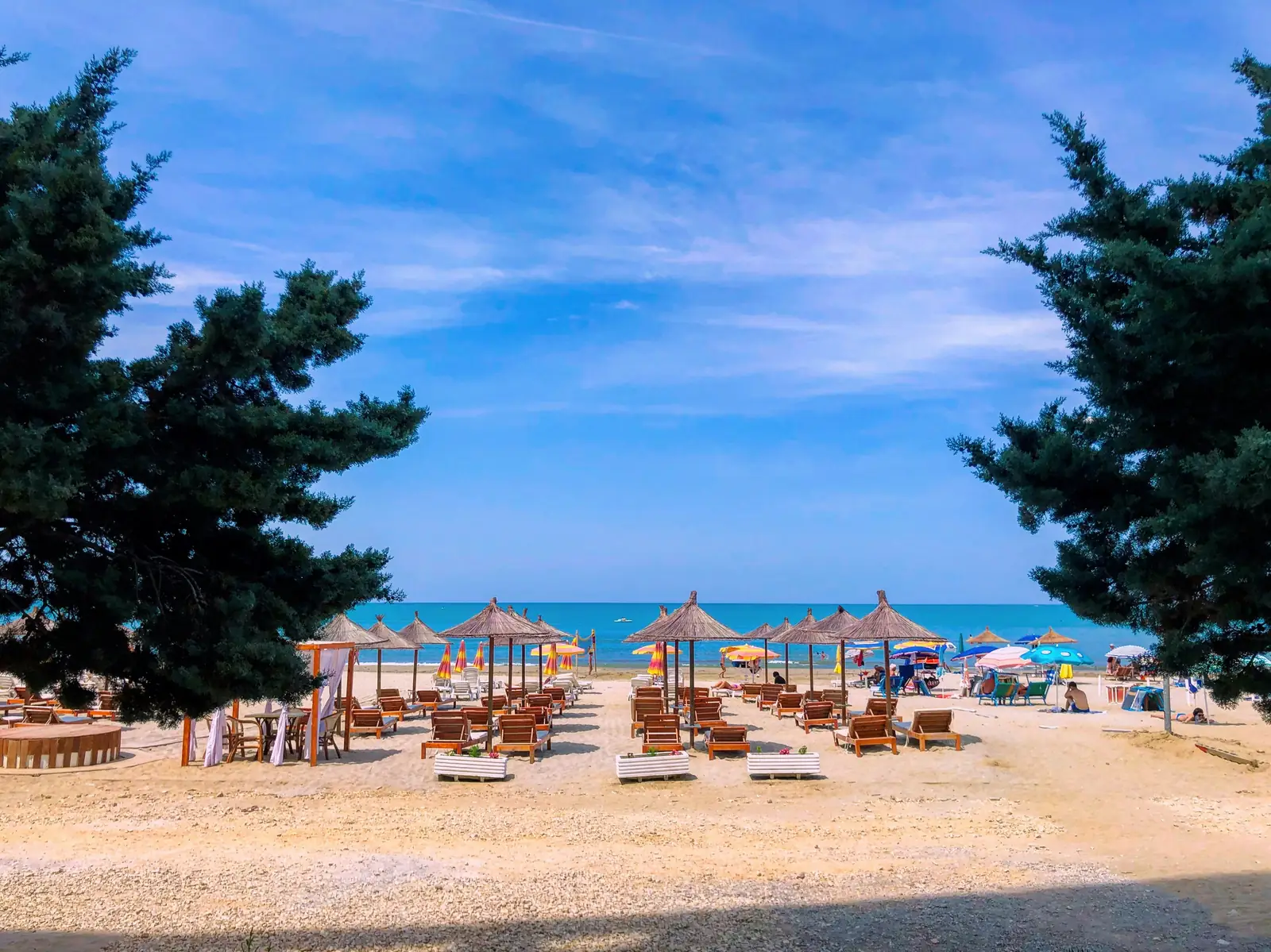 Une plage de sable de Durrës, avec ses parasols de paille et ses transats face à l’Adriatique, encadrée par deux pins